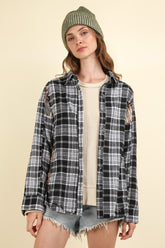 VERY J Contrast Plaid Raw Detail Shirt Black OutfitFlow